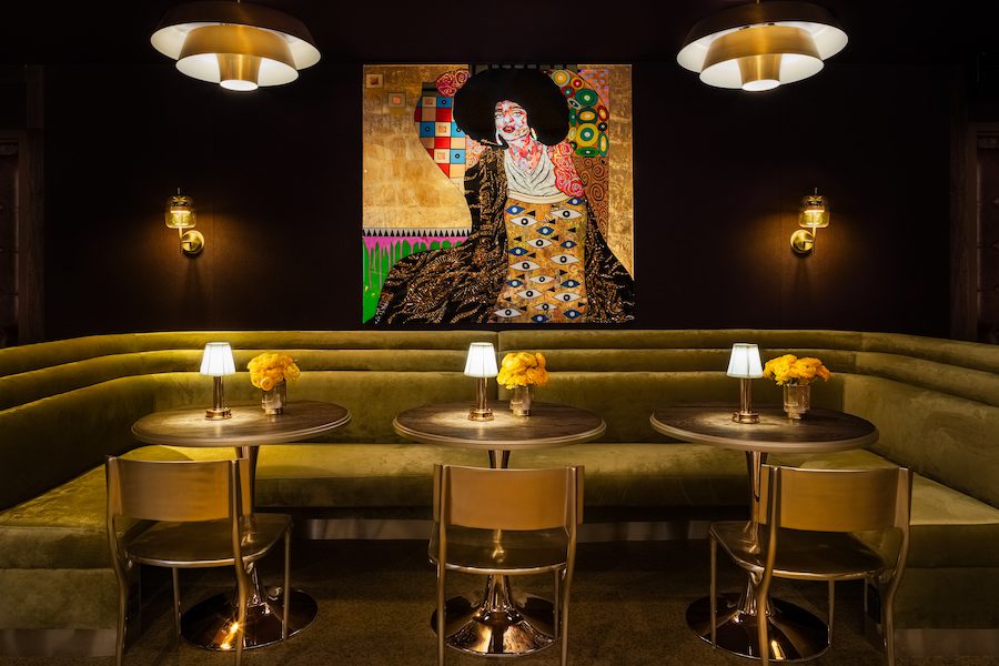 Seven24 Collective Dimes Bar Gansevoort Meatpacking hotel new york green seating nook with art
