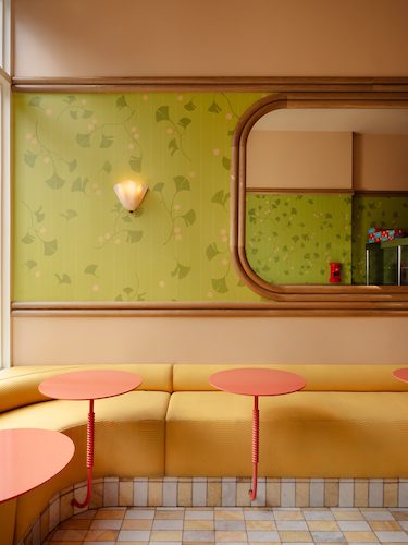 postcard bakery japanese lime green wallcovering and butter yellow seating