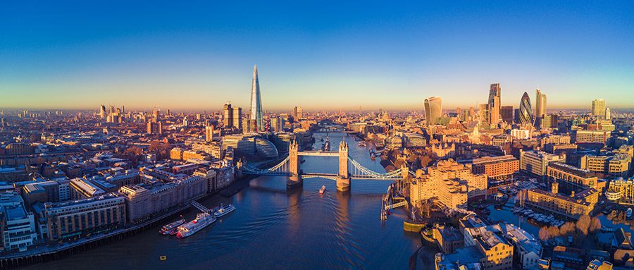 Aerial view of London skyline and the River Thames