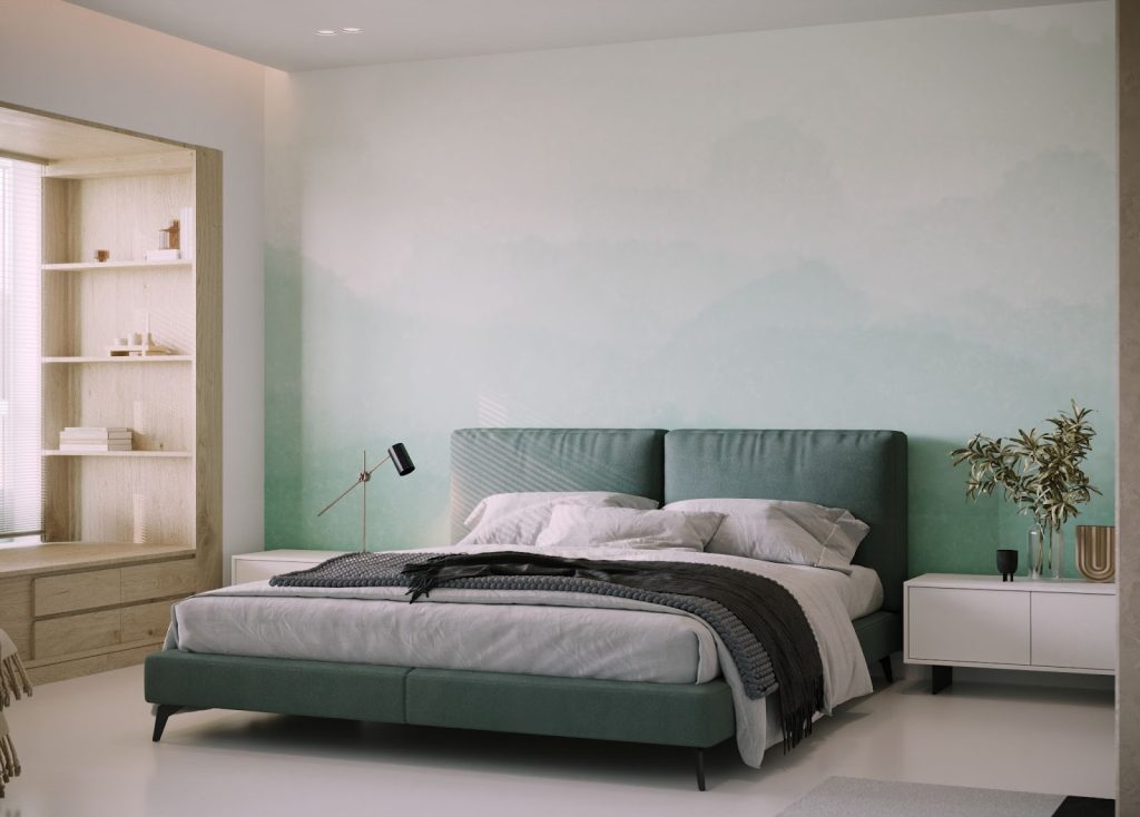 Sage green bedroom feature wall